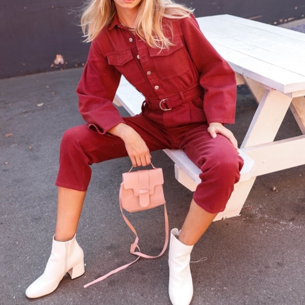 BURGUNDYY Long Sleeve Denim Utility Front Button D